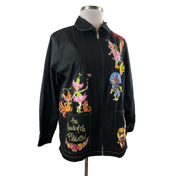 Bob Mackie Jackets & Blazers - Bob Mackie Wearable Art Embroidered Fairy Parade of Flowers Zip Jacket Size 1X